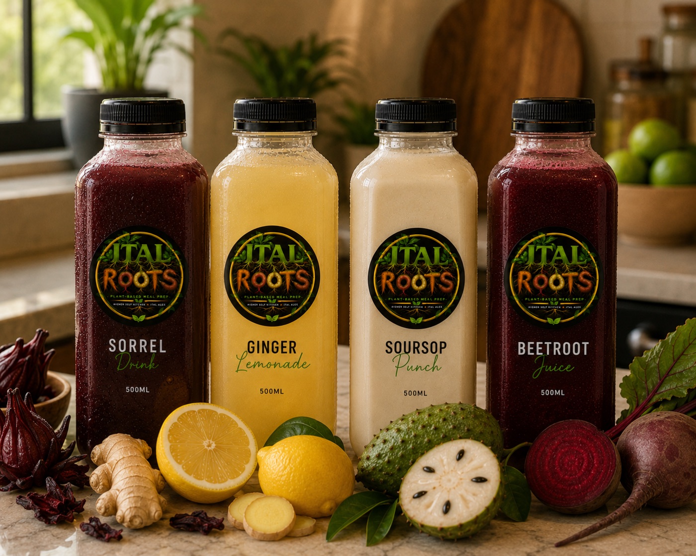 Ital Roots 500ml drinks: Sorrel, Ginger Lemonade, Soursop Punch and Beetroot, Apple, Ginger, Carrot & Lime Juice