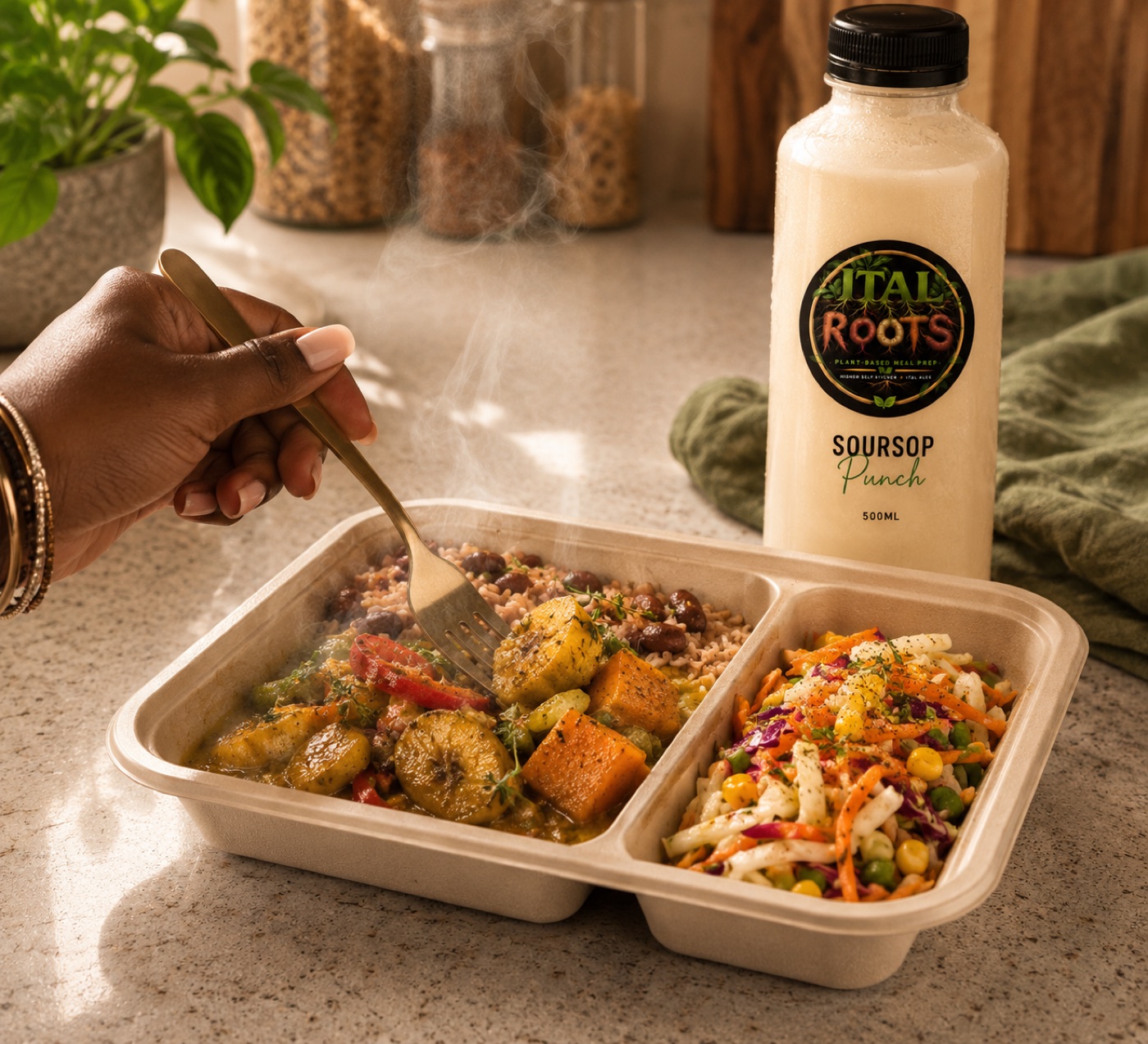 Digging into a hot Ital Roots meal at the table beside a bottle of Soursop Punch