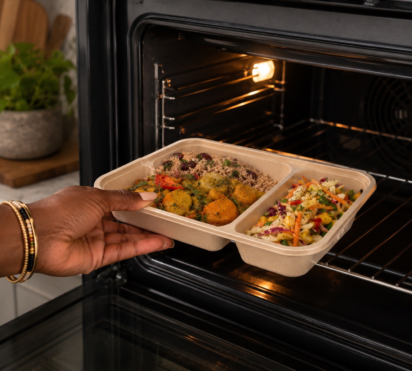 Placing an Ital Roots meal-prep tray into the oven to heat
