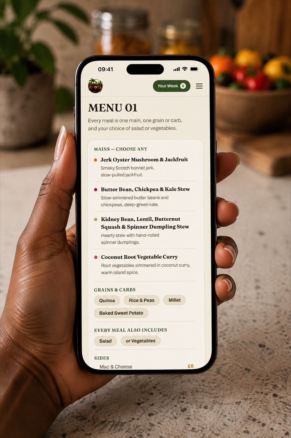 Browsing this week's Ital Roots menu on the real mobile site, held in a kitchen