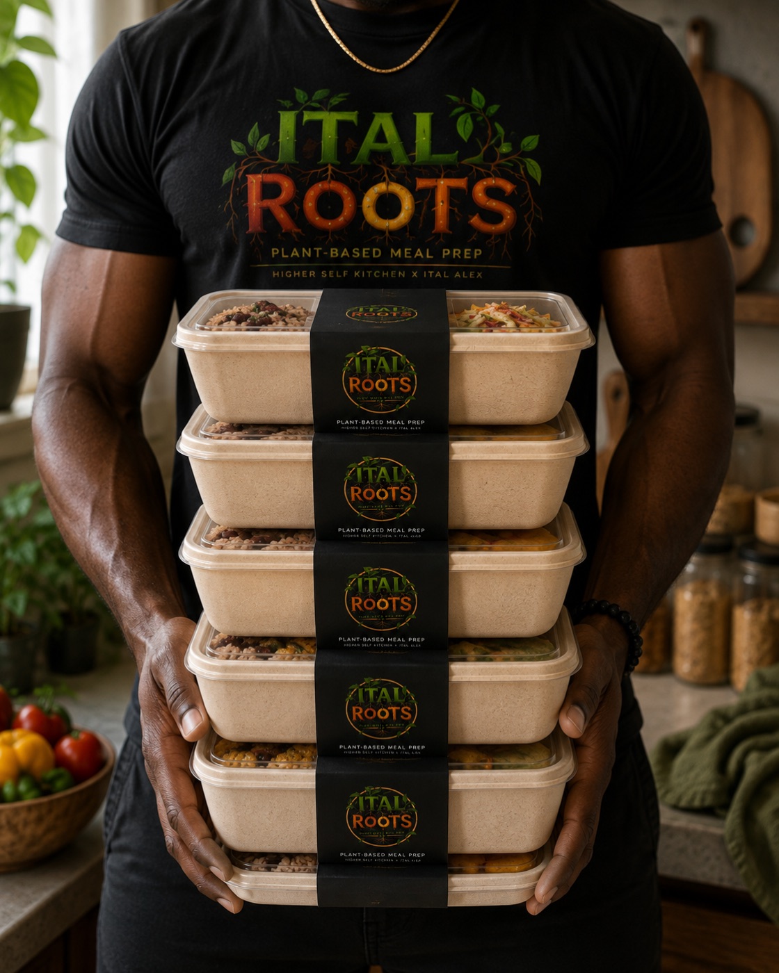 Ital Roots founder holding five stacked, freshly packed weekly meal-prep containers