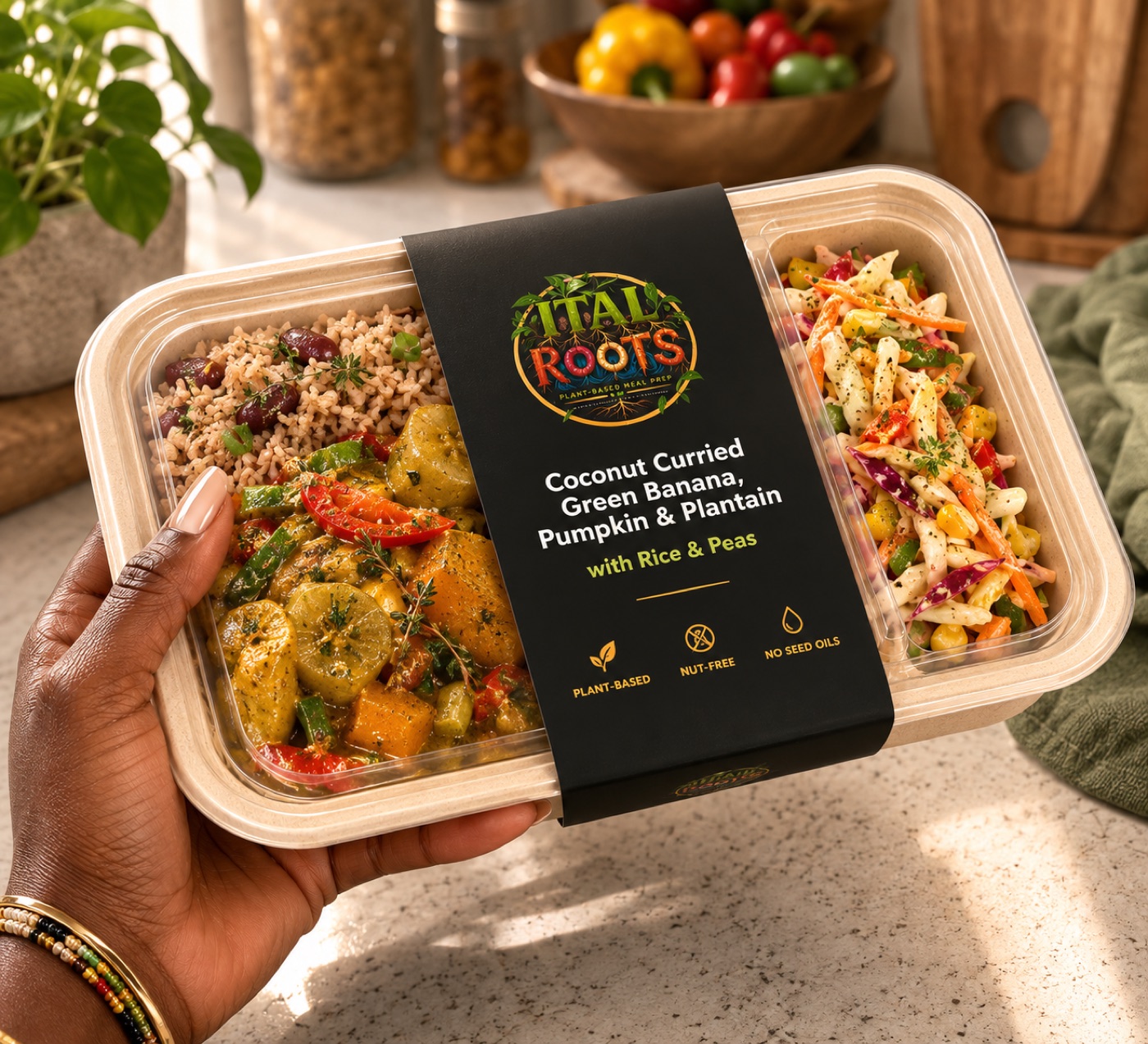 Ital Roots coconut curried green banana, pumpkin and plantain with rice and peas, held ready to eat