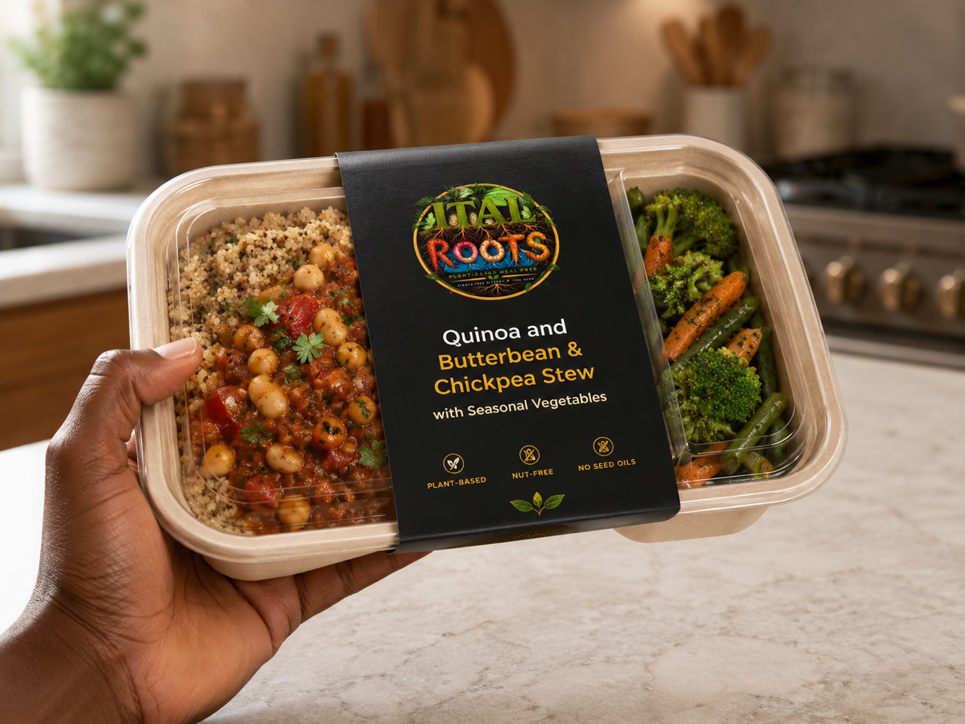 Ital Roots quinoa with butterbean and chickpea stew and seasonal vegetables, held ready to collect