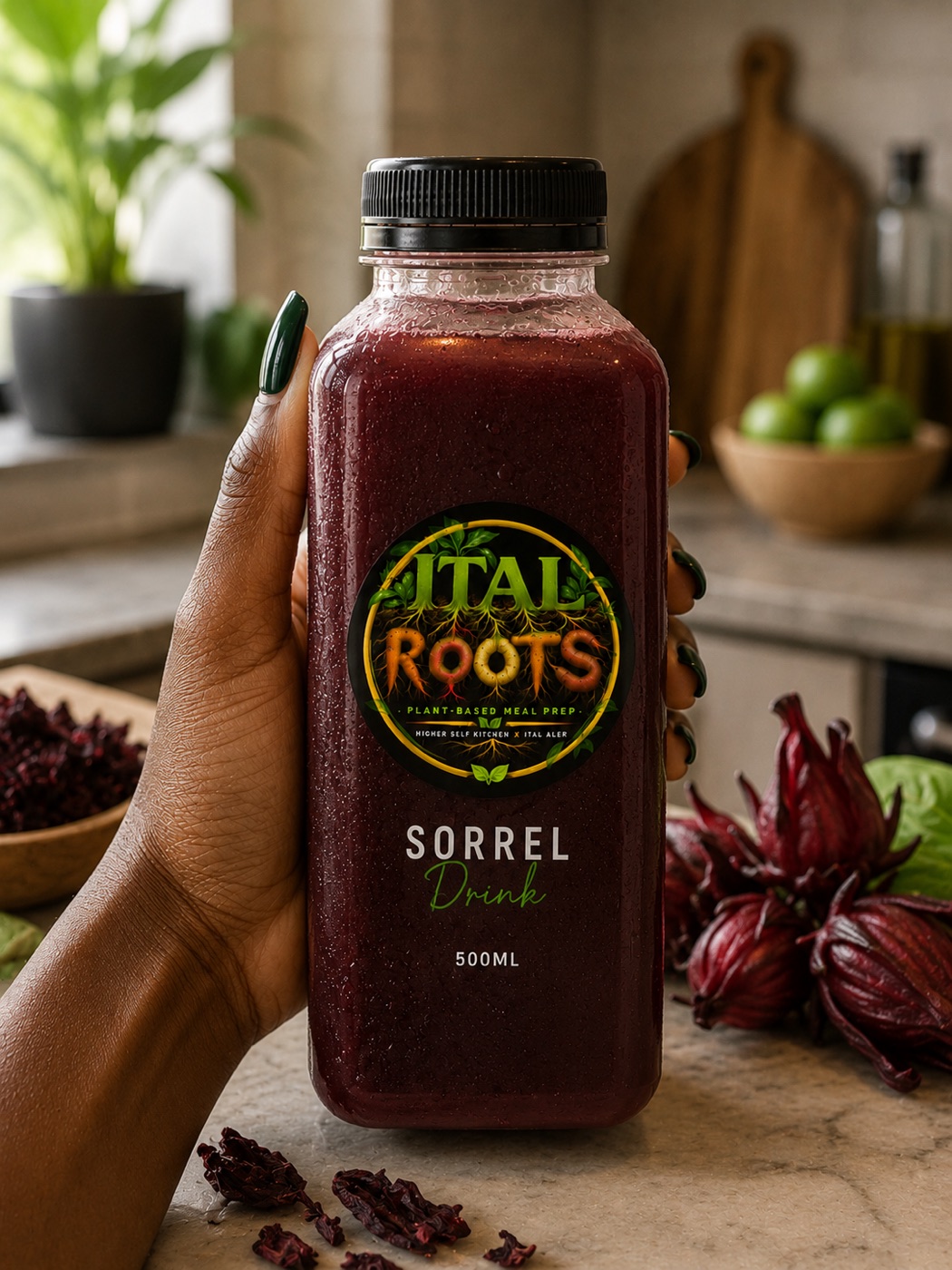 Ital Roots Sorrel drink, 500ml, held in hand
